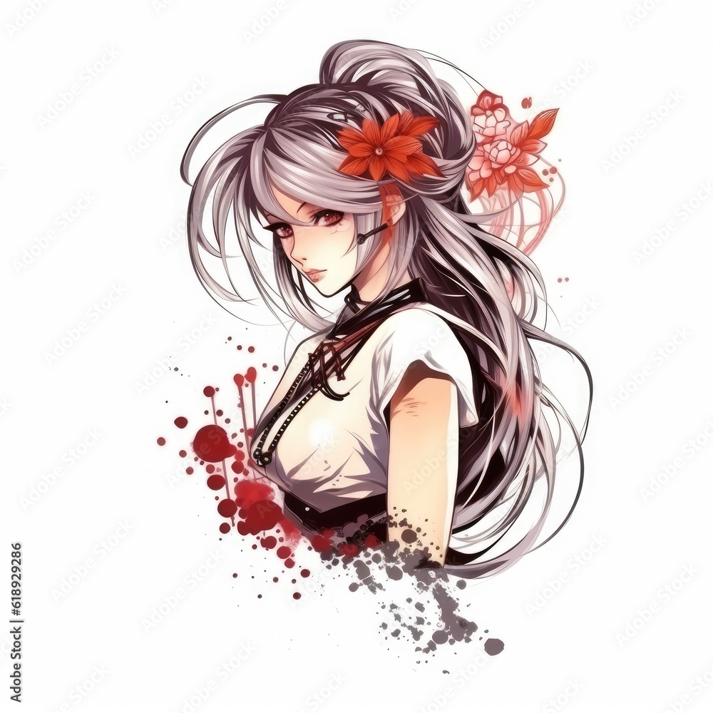 girl with long hair and flowers anime tattoo design