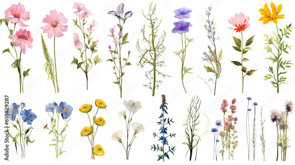 a collection of grunge oil painted wildflowers flowers isolated on a transparent background, generative ai