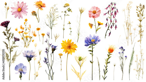 Photo a collection of grunge oil painted wildflowers flowers isolated on a transparent