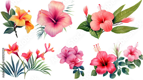 a collection of grunge oil painted tropical flowers isolated on a transparent background, generative ai © Perfect PNG