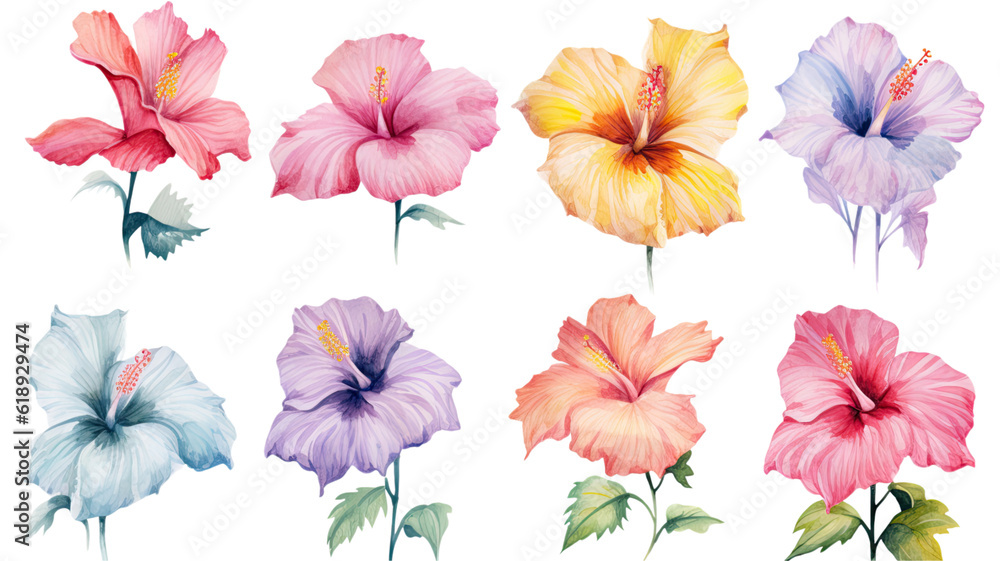 a collection of soft watercolor hibiscus flowers isolated on a transparent background, generative ai