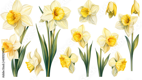 a collection of soft watercolor daffodils flowers isolated on a transparent background, generative ai