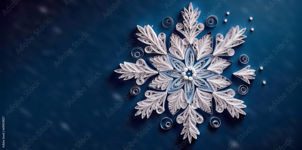 Banner of quilling with white snowflake closeup on blue background top view. Merry Christmas and Happy New Year holiday concept. Generative AI