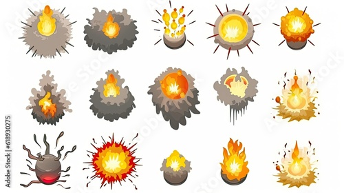Cartoon dynamite or bomb explosion fire set Boom set of fire icons