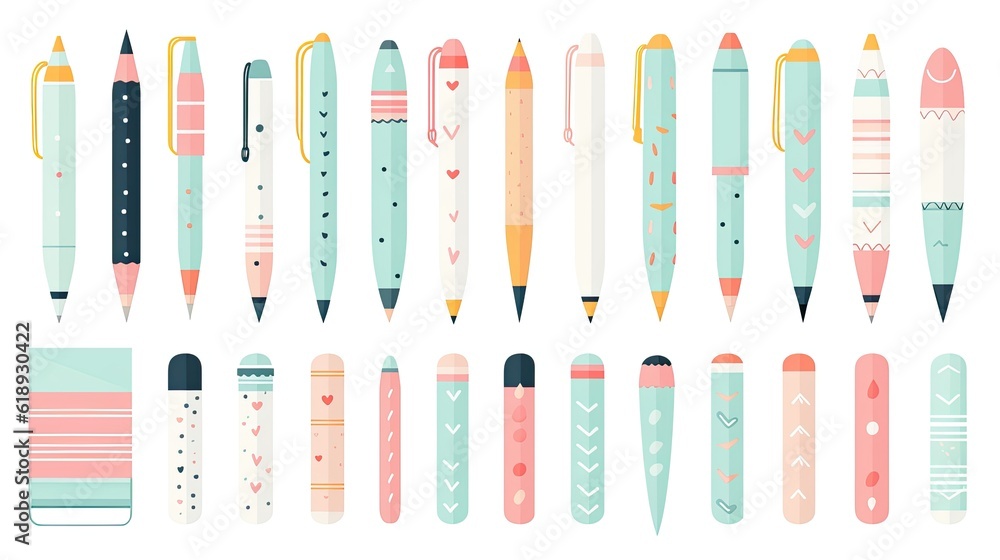 Collection of pens and other office supplies cute illustration of a background with cutlery Collection of pens and other office supplies cute illustration of a background with cutlery