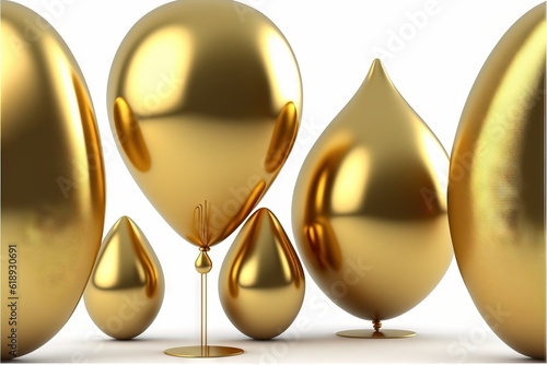 a group of shiny gold balloons on a white background with a gold stand in front of them and a white background with a few shiny gold balloons on the bottom of the balloons, and.