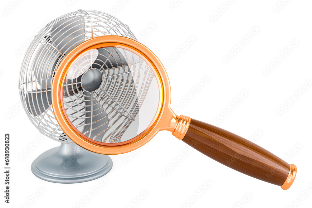 Table fan with magnifying glass. 3D rendering Table fan with magnifying glass. 3D rendering