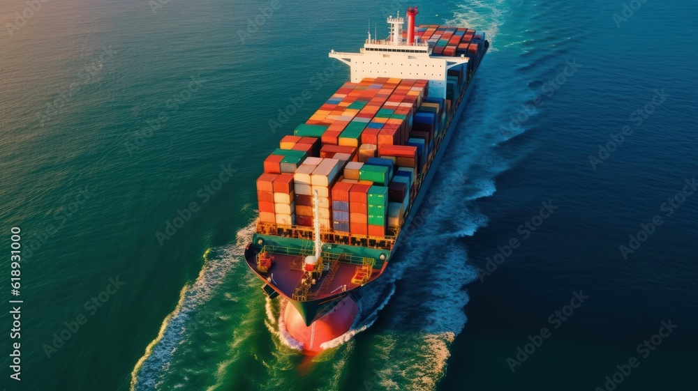 Fototapeta premium Aerial view of cargo ship carrying containers. Fully loaded container ship in the ocean, international transportation concept, logistic trader, global forwarder. 3D illustration.
