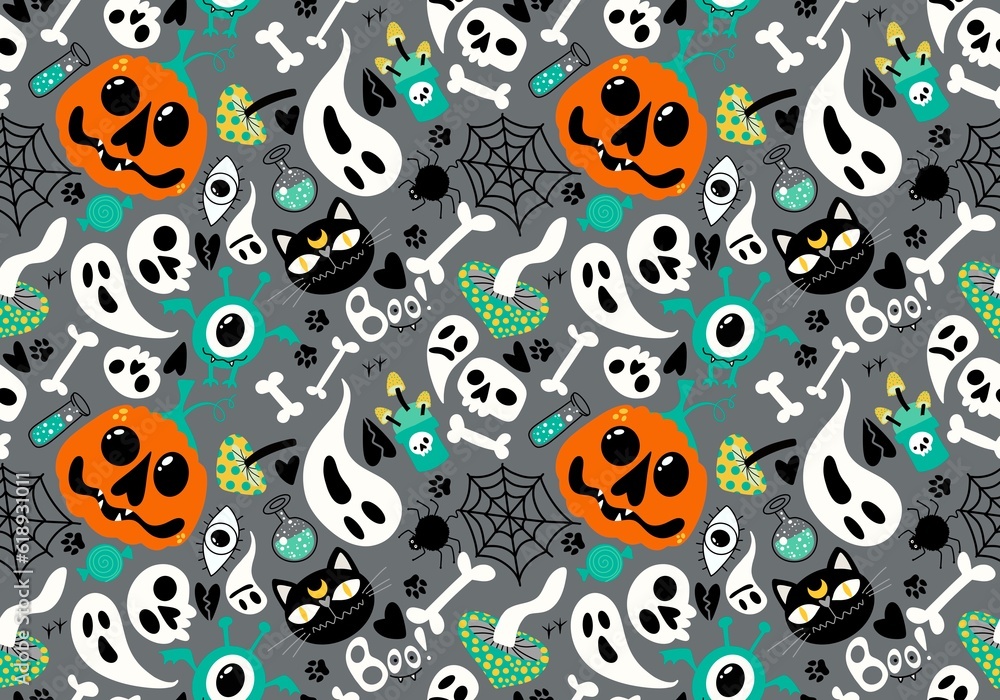 Halloween cartoon pumpkins and cat seamless bones and ghost and mushrooms and poison pattern for wrapping Halloween cartoon pumpkins and cat seamless bones and ghost and mushrooms and poison pattern for wrapping