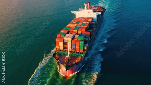 Aerial view of cargo ship carrying containers. Fully loaded container ship in the ocean, international transportation concept, logistic trader, global forwarder. 3D illustration.