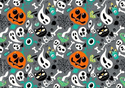Halloween cartoon pumpkins and cat seamless bones and ghost and mushrooms and poison pattern for wrapping