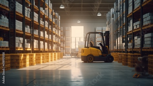 Large industrial warehouse. Tall racks are completely filled with boxes and containers. Many cardboard boxes on the shelves. Forklift in the aisle. Global logistic concept. 3D illustration.
