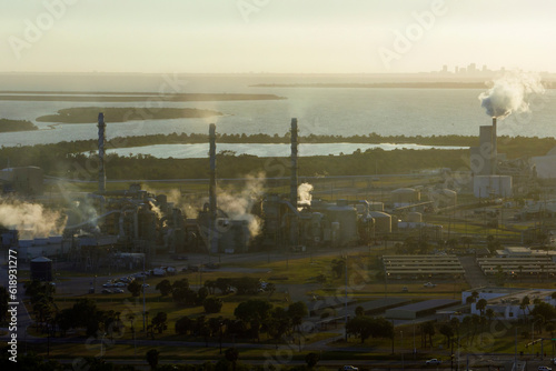 Industrial facility for chemical production of phosphoric acid polluting atmosphere with toxic emissions. Mosaic Riverview Plant in Tampa, Florida. Factory for handling and processing of phosphates