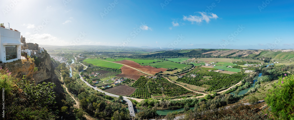 Panoramic aerial view of Guadalete River and Valley - Arcos de la Frontera, Cadiz, Spain