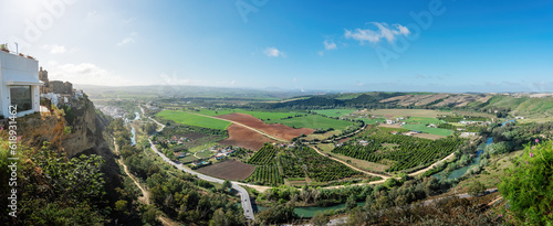 Panoramic aerial view of Guadalete River and Valley - Arcos de la Frontera, Cadiz, Spain