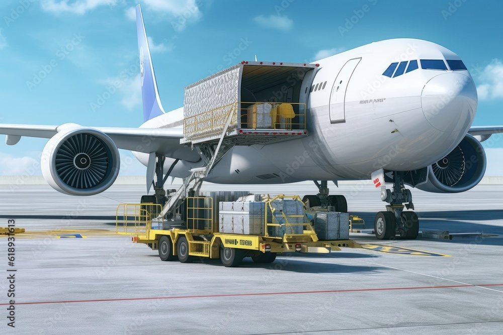 Obraz premium Loading a cargo plane at the airport. A special tractor brings cargo to the jet on the airfield. International freight transport and logistics concept. 3D illustration.