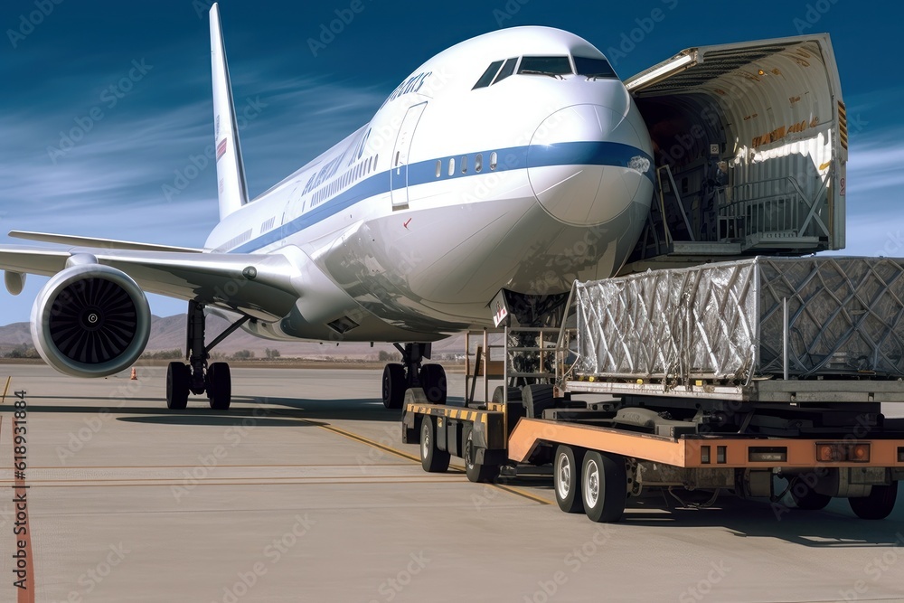 Loading a cargo plane at the airport. A special tractor brings cargo to the jet on the airfield. International freight transport and logistics concept. 3D illustration. Loading a cargo plane at the airport. A special tractor brings cargo to the jet on the airfield. International freight transport and logistics concept. 3D illustration.