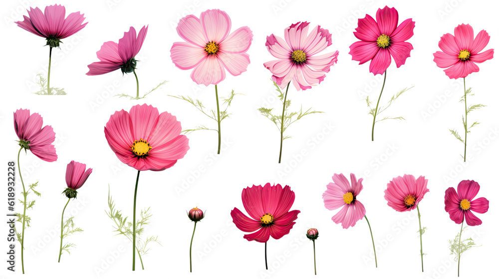 Obraz premium a collection of grunge oil painted cosmos flowers isolated on a transparent background, generative ai