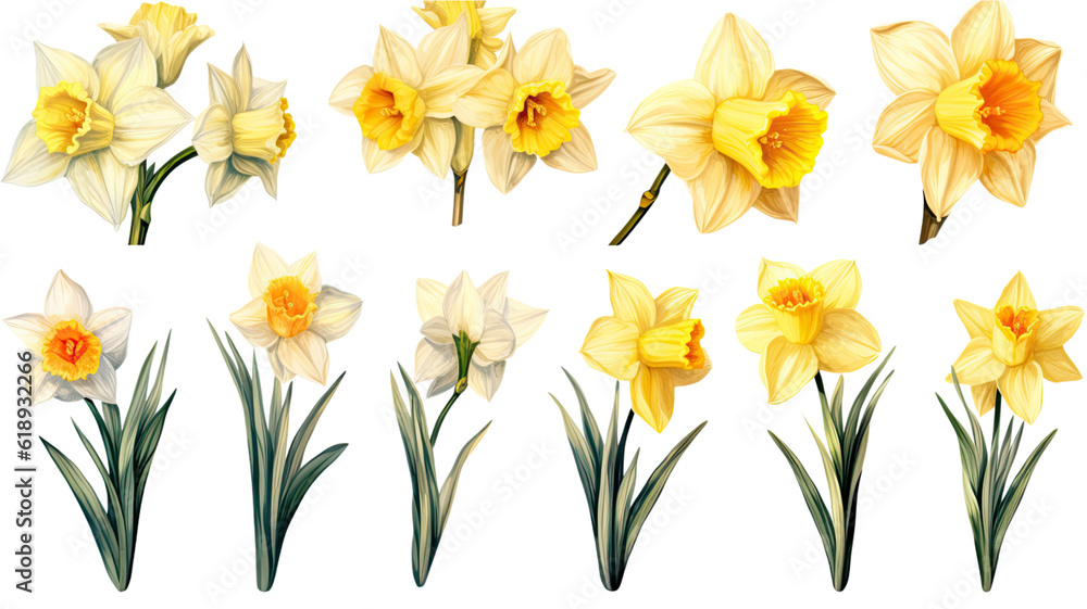 a collection of grunge oil painted daffodils isolated on a transparent background, generative ai