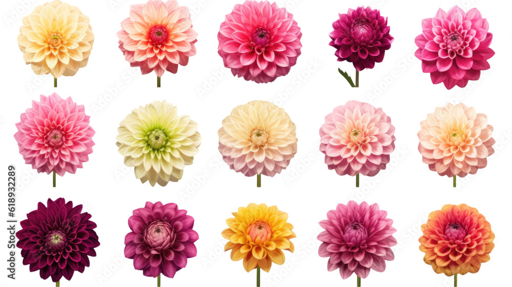 a collection of grunge oil painted dahlia flowers isolated on a transparent background, generative ai a collection of grunge oil painted dahlia flowers isolated on a transparent background, generative ai