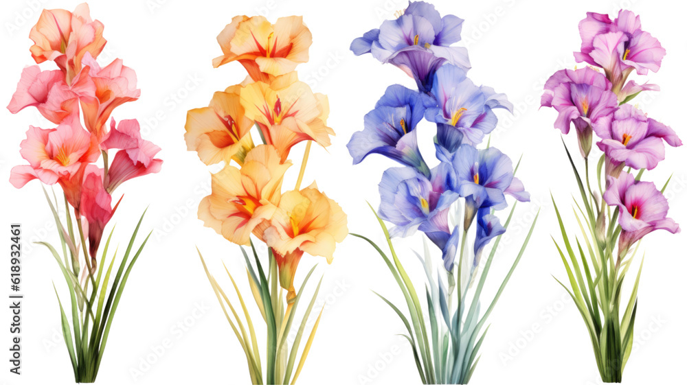 a collection of grunge oil painted gladiolus flowers isolated on a transparent background, generative ai a collection of grunge oil painted gladiolus flowers isolated on a transparent background, generative ai