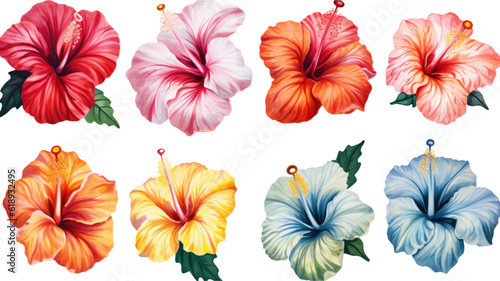 a collection of grunge oil painted hibiscus flowers isolated on a transparent background  generative ai