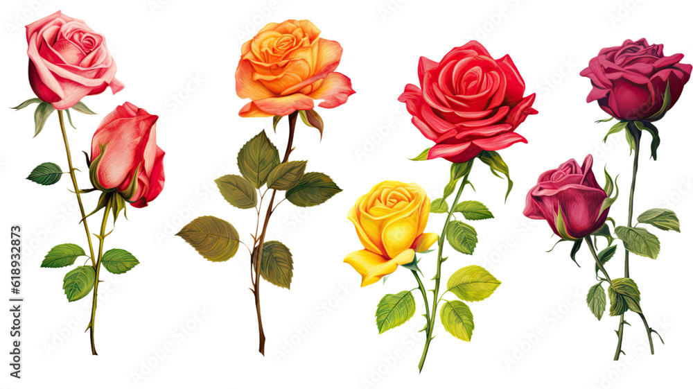 a collection of retro oil painted roses flowers isolated on a transparent background, generative ai a collection of retro oil painted roses flowers isolated on a transparent background, generative ai
