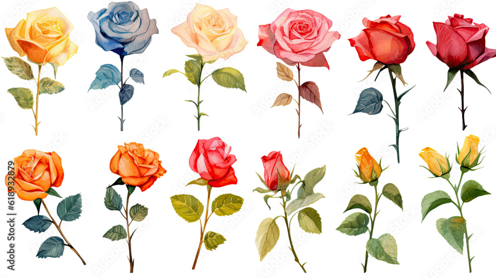 a collection of retro oil painted roses flowers isolated on a transparent background, generative ai
