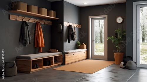 Stylish interior of a hallway in a country house. Gray walls, glazed door, wall hangers, shoe cabinets, plant in a floor pot, rug on the floor. Modern cozy interior. Mockup, 3D rendering. © Georgii