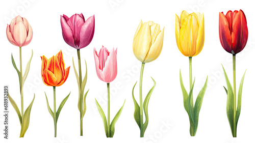 a collection of retro oil painted tulips flowers isolated on a transparent background  generative ai