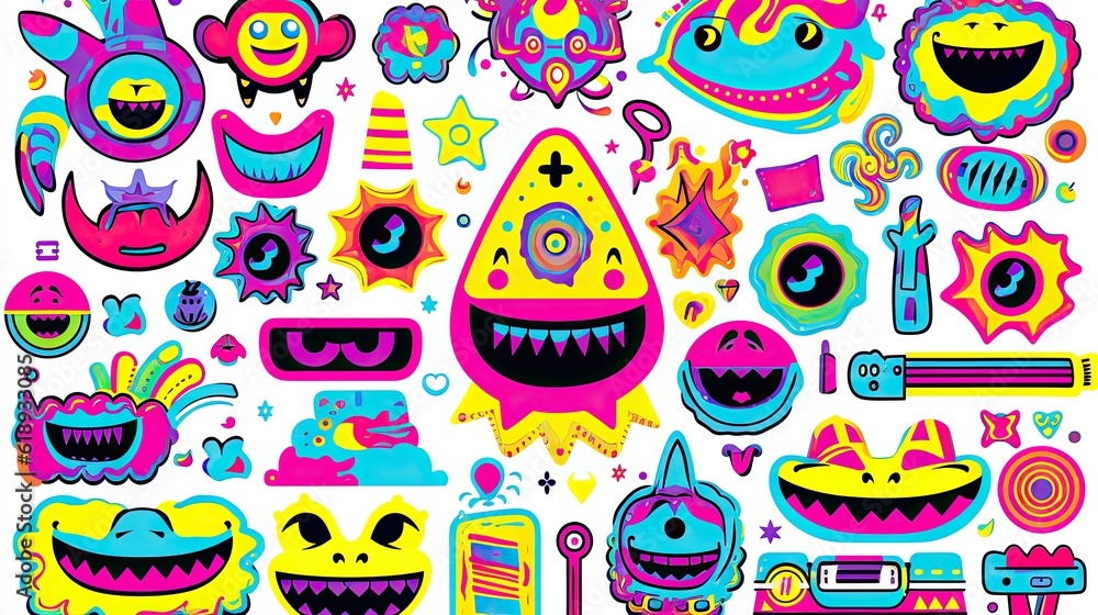 Rave psychedelic acid set with smile stickers pattern with funny monsters Rave psychedelic acid set with smile stickers pattern with funny monsters