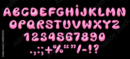 Glossy 3D bubble font in Y2K style: shiny plastic pink English alphabet letters and numbers, realistic vector illustration photo