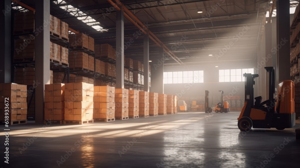 Large industrial warehouse. Tall racks are completely filled with boxes and containers. Many cardboard boxes on the shelves. Forklift in the aisle. Global logistic concept. 3D illustration. Large industrial warehouse. Tall racks are completely filled with boxes and containers. Many cardboard boxes on the shelves. Forklift in the aisle. Global logistic concept. 3D illustration.
