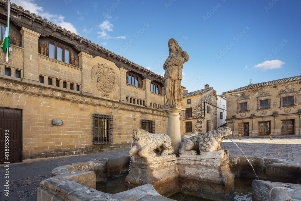 Leones Fountain with Imilce statue at Plaza del Populo Square - Baeza, Jaen, Spain