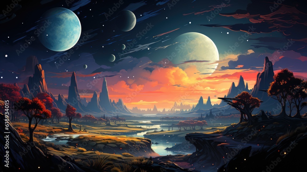 landscape with moon and stars space vector illustration wallpaper