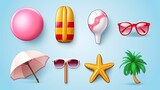 Summer 3d realistic render vector icon set
