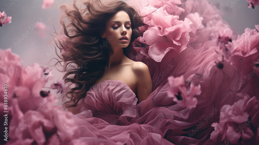 Aesthetic Woman: Captivating Studio Photography of a Perfect Woman, Sensual and Graceful, Wearing a Lavish Purple Silk Dress with Flowing Hair and Blossoming Flowers - Generative AI, Generative KI