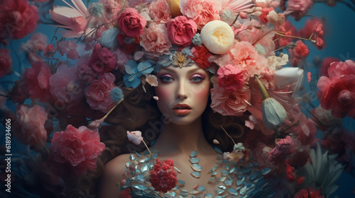 Aesthetic Woman: Sensual Studio Photography of a Perfect Woman in a Gorgeous Dress, Silk, Blue and Red Tones, Floral Accents, Perfect Portrait, Fashion. Generative AI, Generative AI