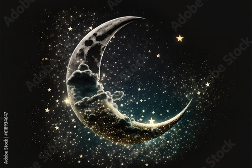 a crescent moon with stars in the night sky with a cloud in the shape of a crescent and a star filled sky with stars in the night sky with clouds and stars in the night sky. photo