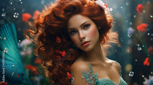 Aesthetic Woman: Enchanting Model with Fiery Red Hair in a Fantasy Blue Dress - Generative AI, Generative KI