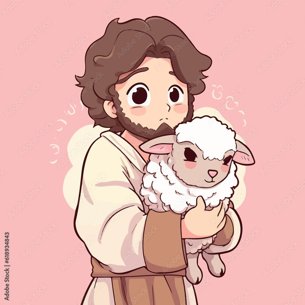 jesus is holding a sheep and is in a pink background. AI Generated jesus is holding a sheep and is in a pink background. AI Generated