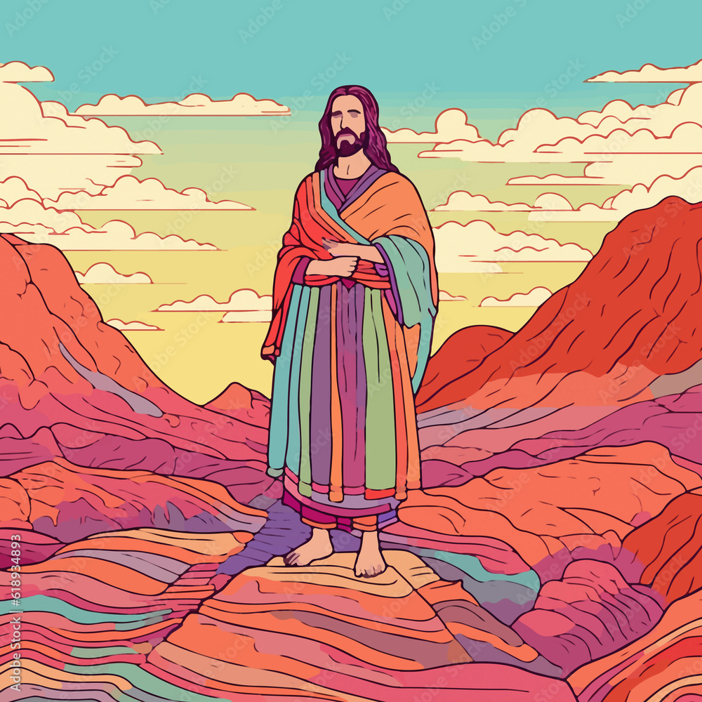 animated jesus in the wilderness. jesus is standing in the middle of a ...