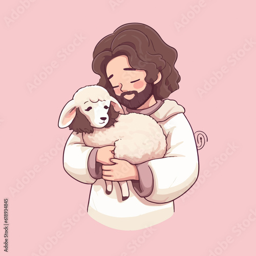 jesus is holding a sheep and is in a pink background. AI Generated