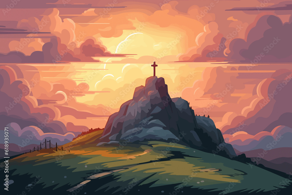 Heavenly Presence: Cartoon Sky over Golgotha Hill Shrouded in Majestic Light and Clouds, Unveiling the Holy Cross Symbol. AI Generated