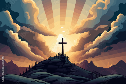 Sacred Significance: Cartoon Illustration of Sky over Golgotha Hill Bathed in Divine Light and Clouds, Exposing the Holy Cross. AI Generated