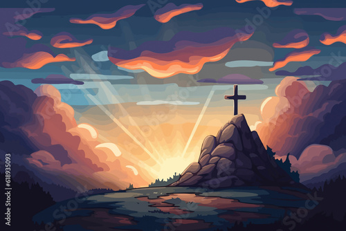 Heavenly Presence: Cartoon Sky over Golgotha Hill Shrouded in Majestic Light and Clouds, Unveiling the Holy Cross Symbol. AI Generated
