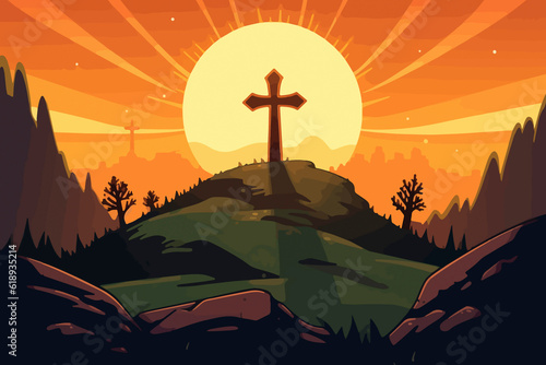 cartoon illustration of a cross on a hill with the sun setting behind it. AI Generated