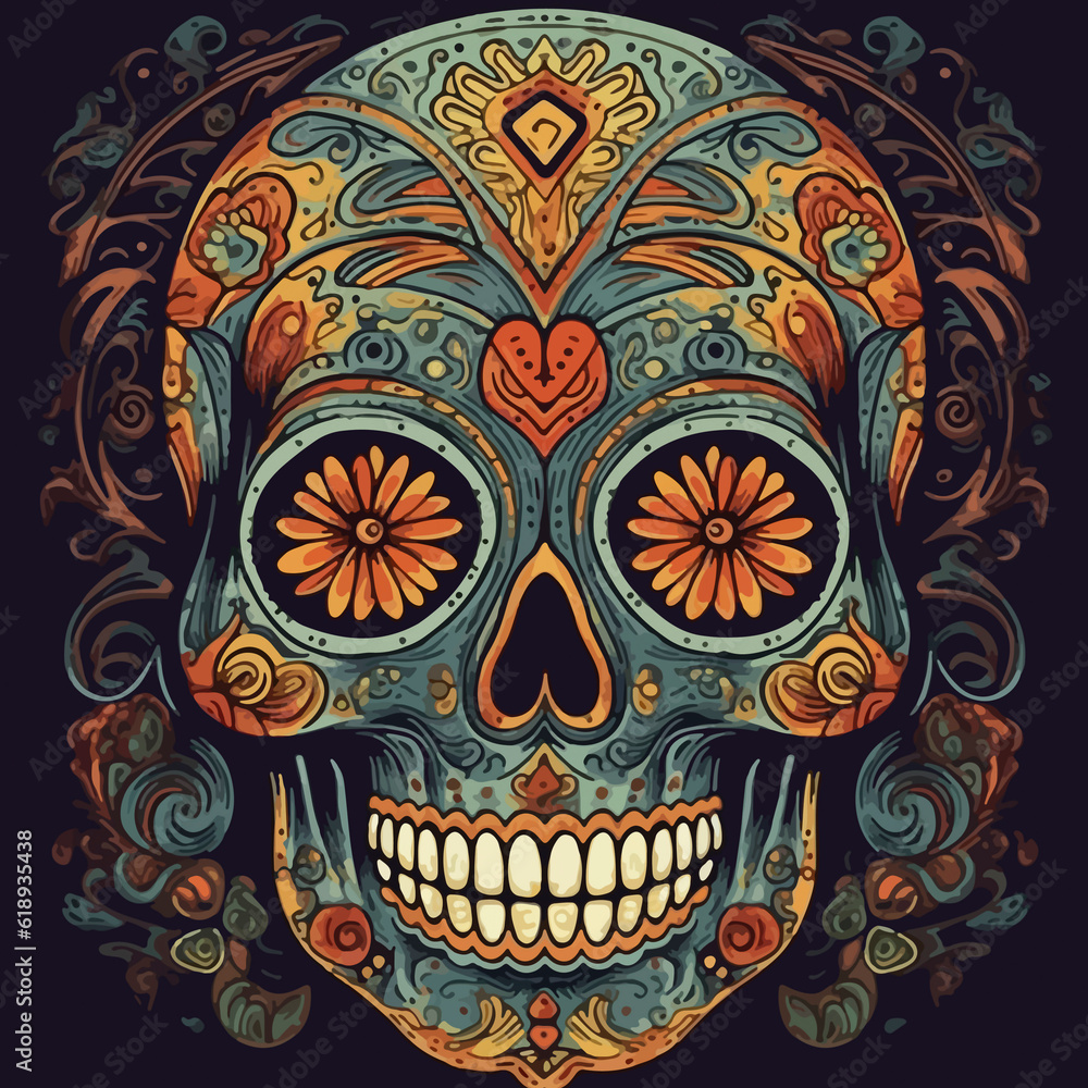 amazing illustration of a colorful mexican Sugar skull. AI Generated