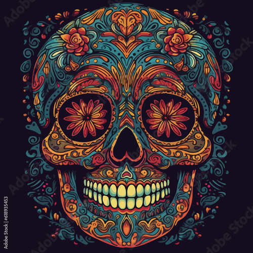 amazing illustration of a colorful mexican Sugar skull. AI Generated