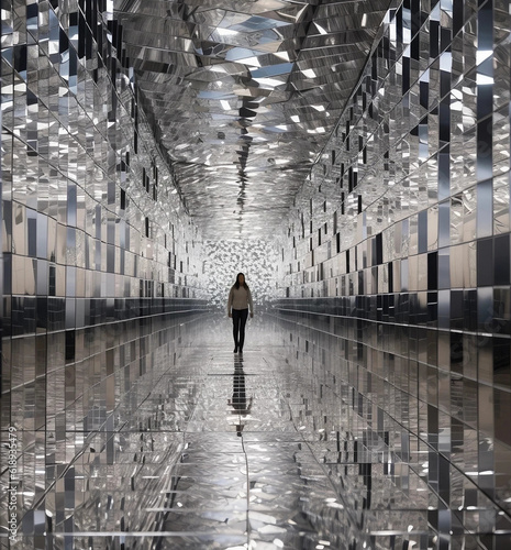 A Woman Walking Through a Hallway Made of Mirrors Generative AI © Adam